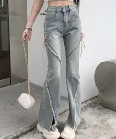 【美品】GRLリボンフリンジフレアスリットデニム ks001 M