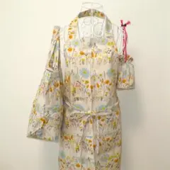 母の日プレゼントに！ 花柄　エプロン　トートバッグ　巾着ポーチ　３点セット　綿麻