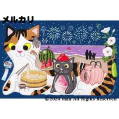 原画「猫の背中に日本の夏」猫/三毛猫/イラスト/絵画/アート/花火/すいか/風鈴