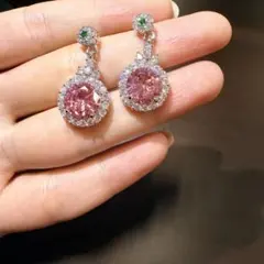 ピンクカラー人造ダイヤモンドドロップピアス 純銀ポスト プラチナメッキ