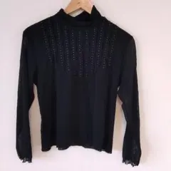 ★【古着】カットソー　L　黒　ビーズ付き　透け感あり