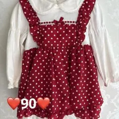 シャーリーテンプル♡ドットワンピース♡エプロン風ワンピース♡90赤