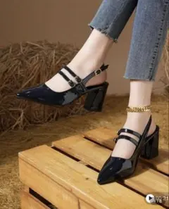 shein ネイビーブルー　ストラップ付き ポインテッドトゥ ハイヒール