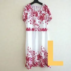 白　ワンピース　花　柄　L　サイズ　半袖　夏　膝　ひざ　丈　ホワイト　エレガント