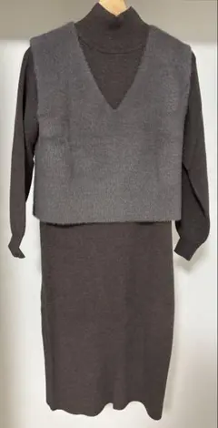 A Day in the Life ブラウン ニットワンピース ベスト付き