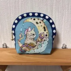 ★三日月に乗る猫さん★ブルーグレー★ハンドメイドポーチ★メルヘン柄★ねこ柄★ミニ