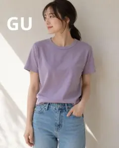 ​【美品】GU ジーユー リブTシャツ くすみパープル ラベンダー L