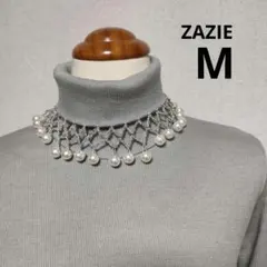 ZAZIE パール付 長袖リブニット M くすみ グレー ハイネック タートル
