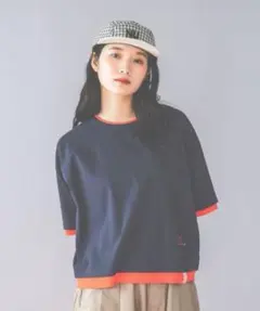 【Niko and…】レイヤード風 半袖Tシャツ ネイビー×オレンジ