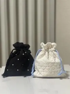 【ハンドメイド】パール付 裏地付き巾着袋 コップ袋2つセット