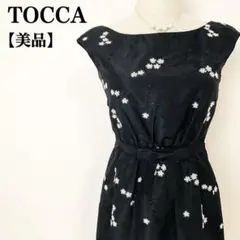 【美品】トッカ ノースリーブワンピース ひざ丈 タイトスカート 花柄刺繍 ラメ糸