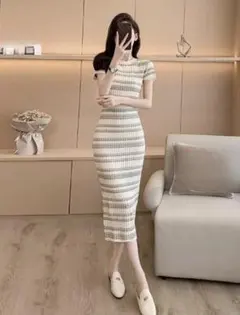 SHEIN 半袖 ボーダー ニットワンピース