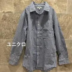 ユニクロ 長袖シャツ チェック ブルー ホワイト L 綿100% 男女兼用