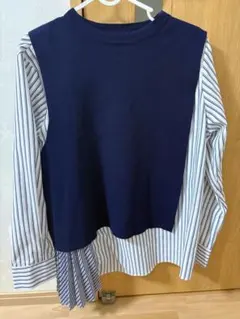 ネイビーとストライプのレイヤード長袖シャツ　ベスト付