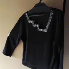 社交ダンス　ビジュー付き黒3/4袖レッスンウェア