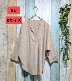 GU Sサイズ リネン風五分袖Vネックシャツ ベージュ