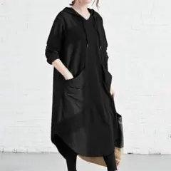 ワンピース パーカールーズフィットポケット着やせひざ丈薄手バルーンブラック2XL