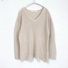 ルノンキュール　コットンリネンVネックニット　綿麻　ベージュ　M 春ニット