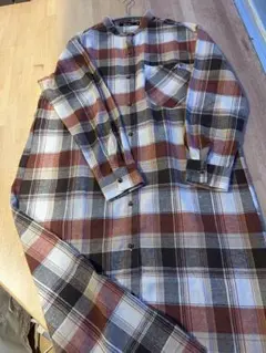 【美品】バンドカラー　ロングワンピース　チェック柄　M〜L
