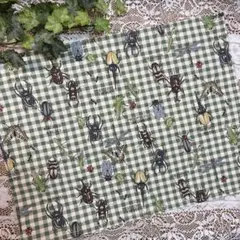 ランチョンマット★給食ナフキン★チェック昆虫・緑⑤