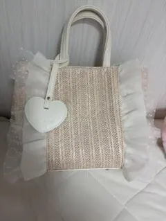 DIANA かごトートバッグ フリル ベージュザツザイドットチュール DIANA かごトートバッグ フリル ベージュザツザイドットチュール