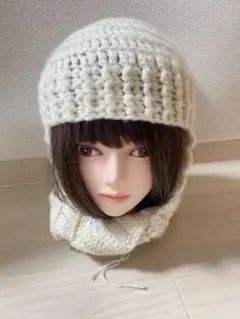 ハンドメイド ニット帽 バラクラバ 白