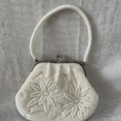 花刺繍　総ビーズ　ハンドバッグ　ホワイト