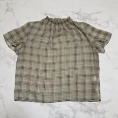 ま*ー様 ロペピクニック　ベージュ系チェック 半袖シャツ フリルネック　38