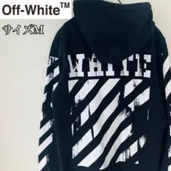 希少！美品✨ オフホワイト パーカー プルオーバー 黒 デカロゴ 裏起毛 M オフホワイトOff-White 正規品 DIAG STENCIL SLIM