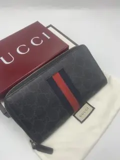 GUCCI 長財布 GGスプリーム ニューウェブ シェリーライン ラウンドジップ