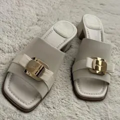 FERRAGAMO 美品 アイボリー レザー ヒール リボン サンダル 箱付き