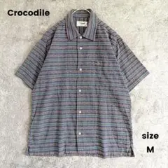 Crocodile クロコダイル　半袖シャツ　刺繍ロゴ　ボーダー　綿100%　M