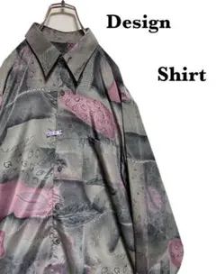 リーフ　ビンテージ 総柄ポリシャツ アート 紫 ゆるだぼ テロ感　古着男子