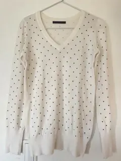アイボリー ドット柄 Vネック セーター