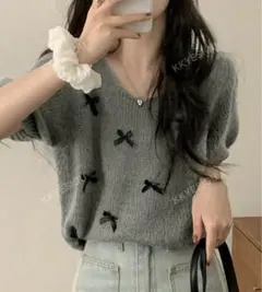 リボン装飾 グレー ニットセーター 半袖 SHEIN