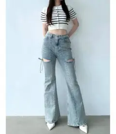 カットアウトリボンデニムパンツ m