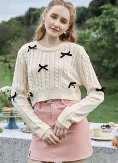 【セール】 SHEIN リボン ケーブルニット アイボリー