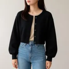 アプレジュールミニョン クロップド丈 スナップボタン カーディガン 黒