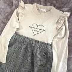 130cm ワンピース ドッキングワンピ ハート チェック ベージュ 美品