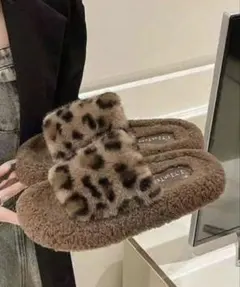 ファー サンダル スリッパ 厚底 ヒョウ柄 ブラウン 24～24.5cm