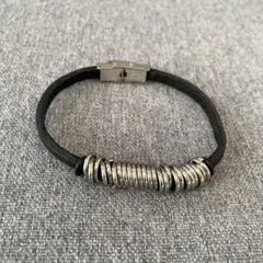 ブラックレザー シルバーステンレスリング 本革ブレスレット　ユニセックス