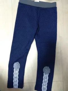 110サイズ 裏起毛 ネイビー ドット 花 レース 細身 ズボン (毛玉)