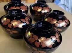 会津塗　お吸い物椀 5セット箱入　＊ご希望ございましたら×2 10セット可です 未使用 会津塗 梅に流れ 吸い物椀5客 | うるしかぶれ