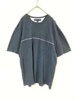 トミーヒルフィガー　Tシャツ　メンズXL　ポケット　ネイビー　ライン　綿　袖ロゴ