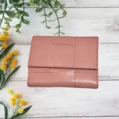 三つ折り財布　本革　コンパクト　イントレチャート　編み込み　レディース　ピンク
