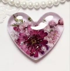 980可憐な♡レジンヘアゴム ハート ピンクローズ シルバーリボン