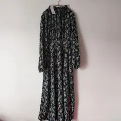 新品　花柄長袖シャツワンピースＬ◇ネイビー系小花柄　首フリル　ロングワンピ