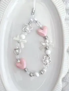 ピンクハート〰︎︎ビーズストラップ 現品のみ 約16cm B712