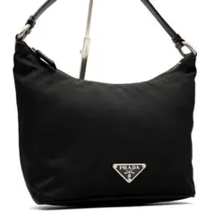 美品 プラダ アクセサリーポーチ 三角ロゴ 白タグ 肩掛け可 ハーフムーン 黒