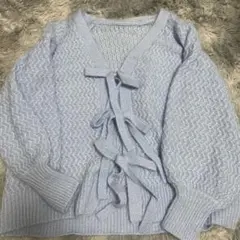 ライトブルー リボン付きニットカーディガン